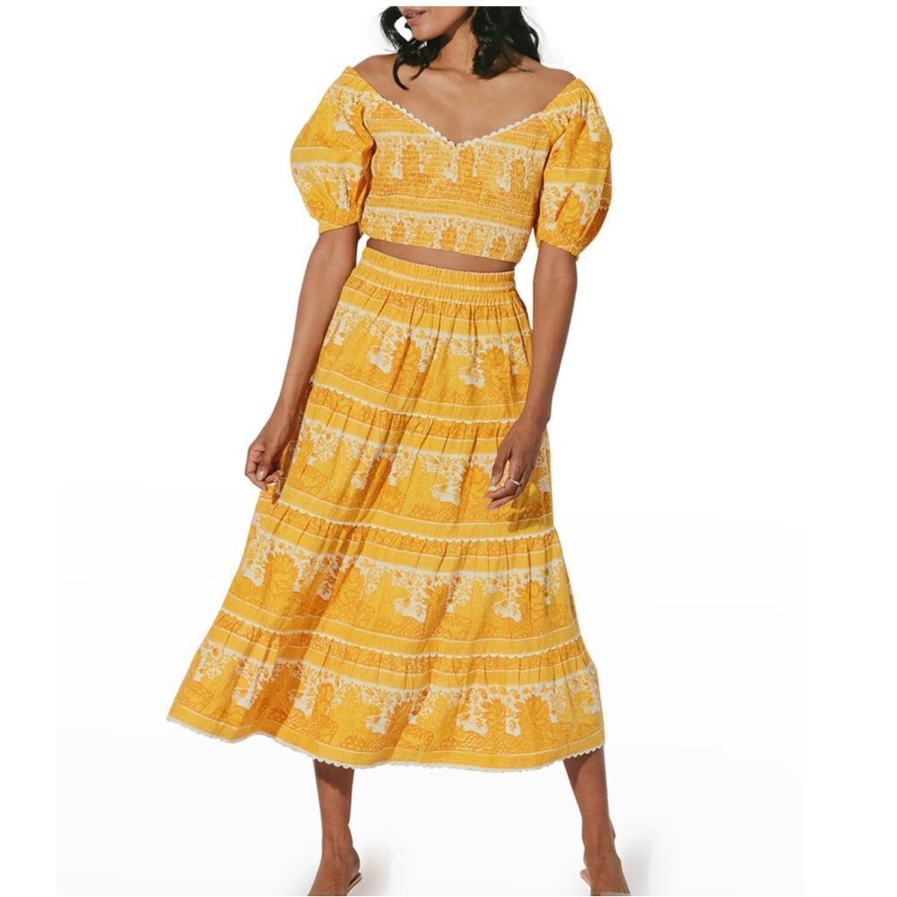 NEW Cleobella Everly Crop Top & Natalie Midi Tiered Skirt Yellow Matching Set XS